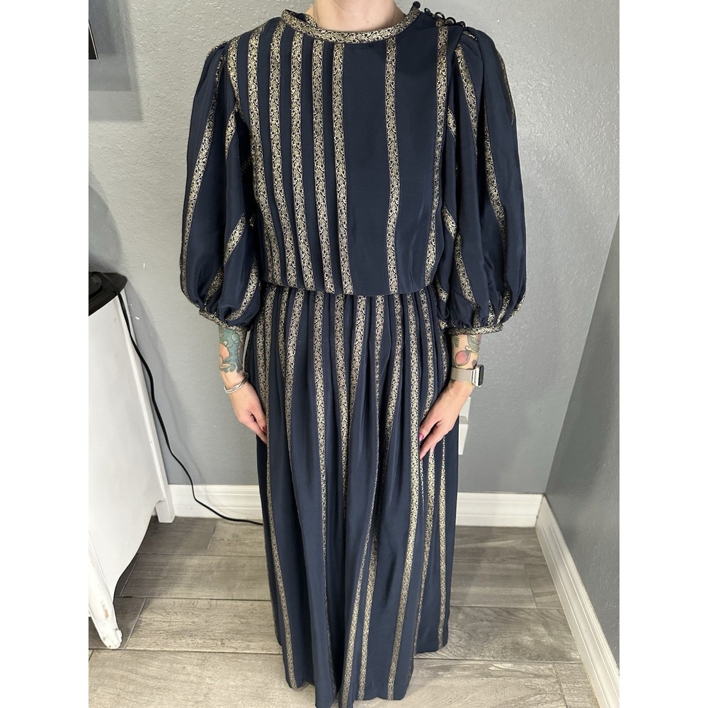 VTG Albert Nipon By Night Blue/Gold Medieval Cottage Maxi Dressโ 4